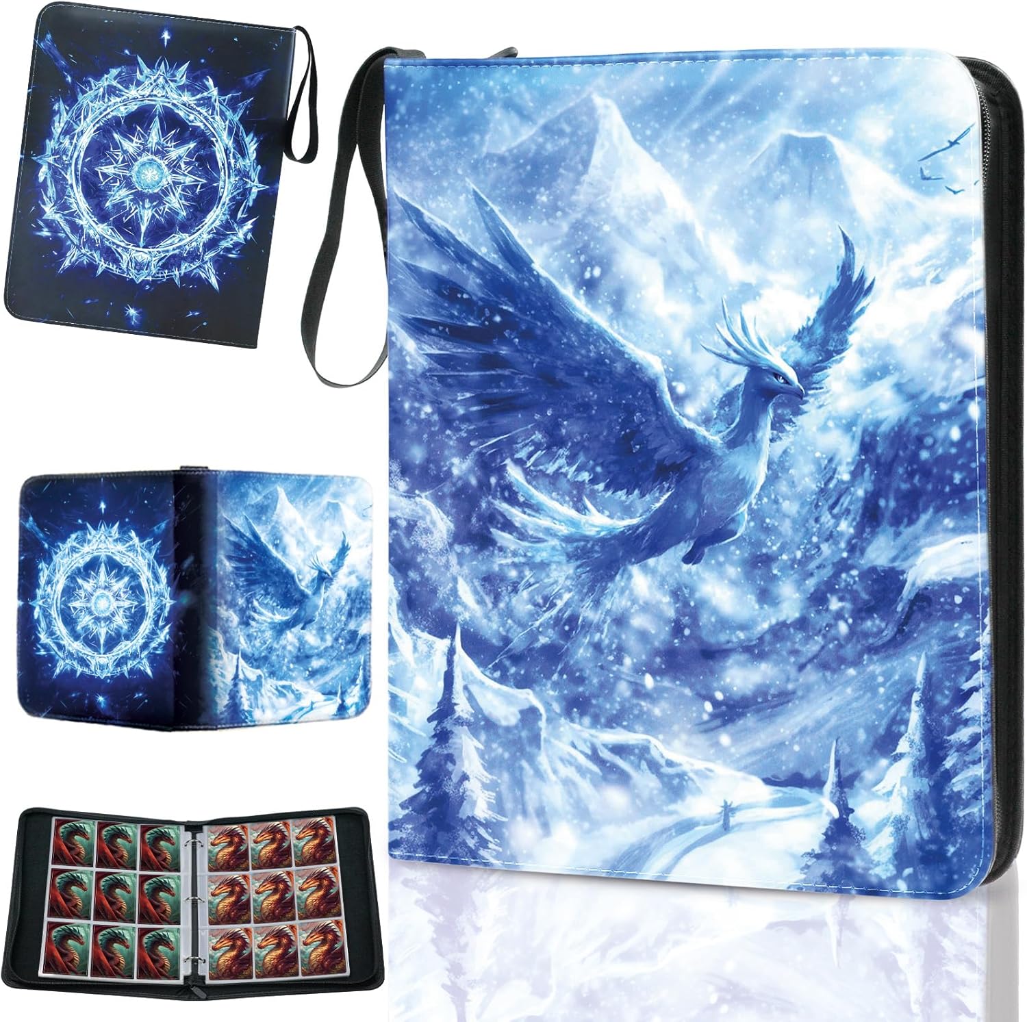 Trading Card Binder 9 Pocket, Collectible Trading Card Albums Fits 900 Cards with 50 Removable Sleeves,Waterproof Card Holder Album for Sports Cards(Nordic Frozen Phoenix, 900P)